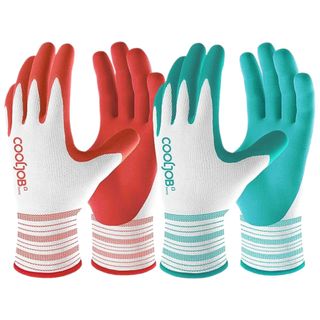 Two pairs of CoolJob's gardener's gloves, one in white and red and one in white and aqua