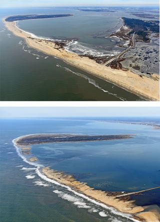 Aerial photographs of Assateague Island show the beach before the storm hit (above) and just days after with significant erosion and several new breaches (in the top-left corner of bottom image).