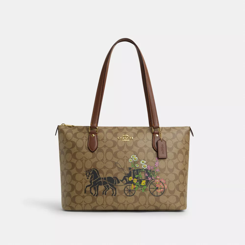 Gallery Tote Bag in Signature Canvas With Floral Horse and Carriage