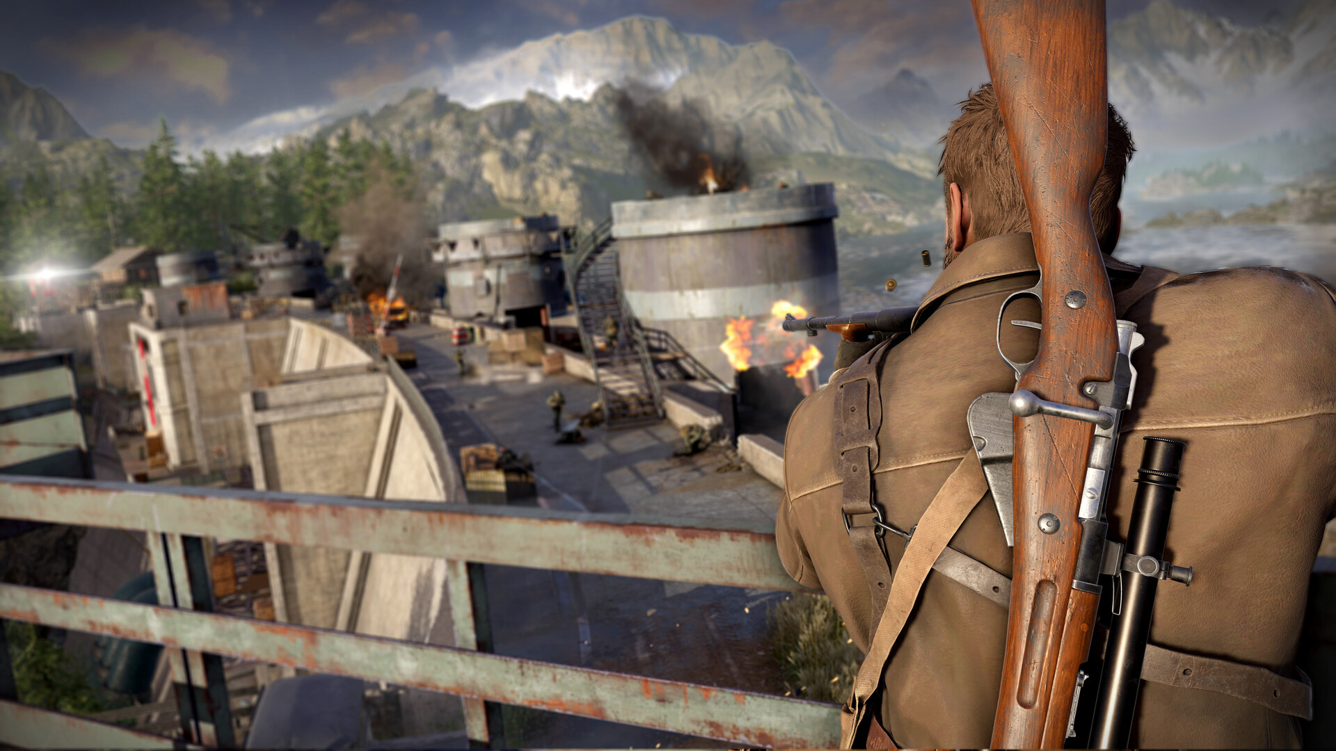 A screenshot of a sniper firing on enemy soldiers on a dam in Sniper Elite Resistance