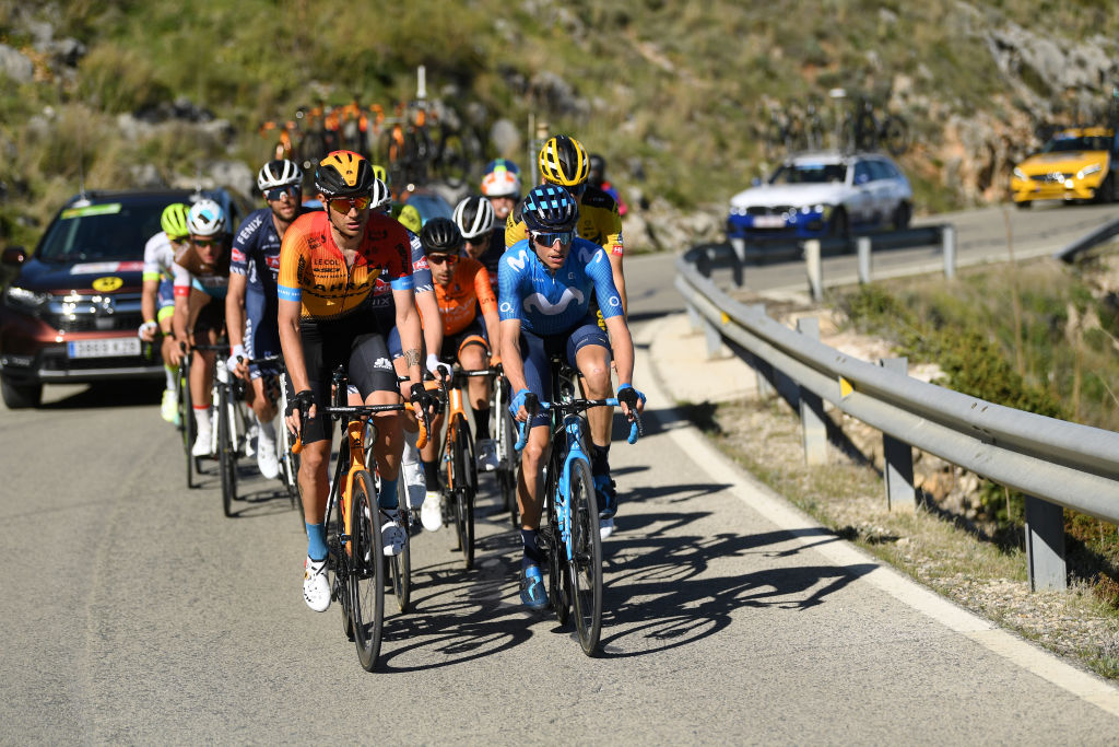 BEDA SPAIN FEBRUARY 21 Marc Soler of Spain and Movistar Team Lennard Hofstede of The Netherlands and Team JumboVisma Damiano Caruso of Italy Team Bahrain McLaren during the 66th Vuelta a Andaluca Ruta del Sol 2020 Stage 3 a 1769km stage from Jan to beda 727m VCANDALUCIA UCIProSeries on February 21 2020 in beda Spain Photo by David RamosGetty Images
