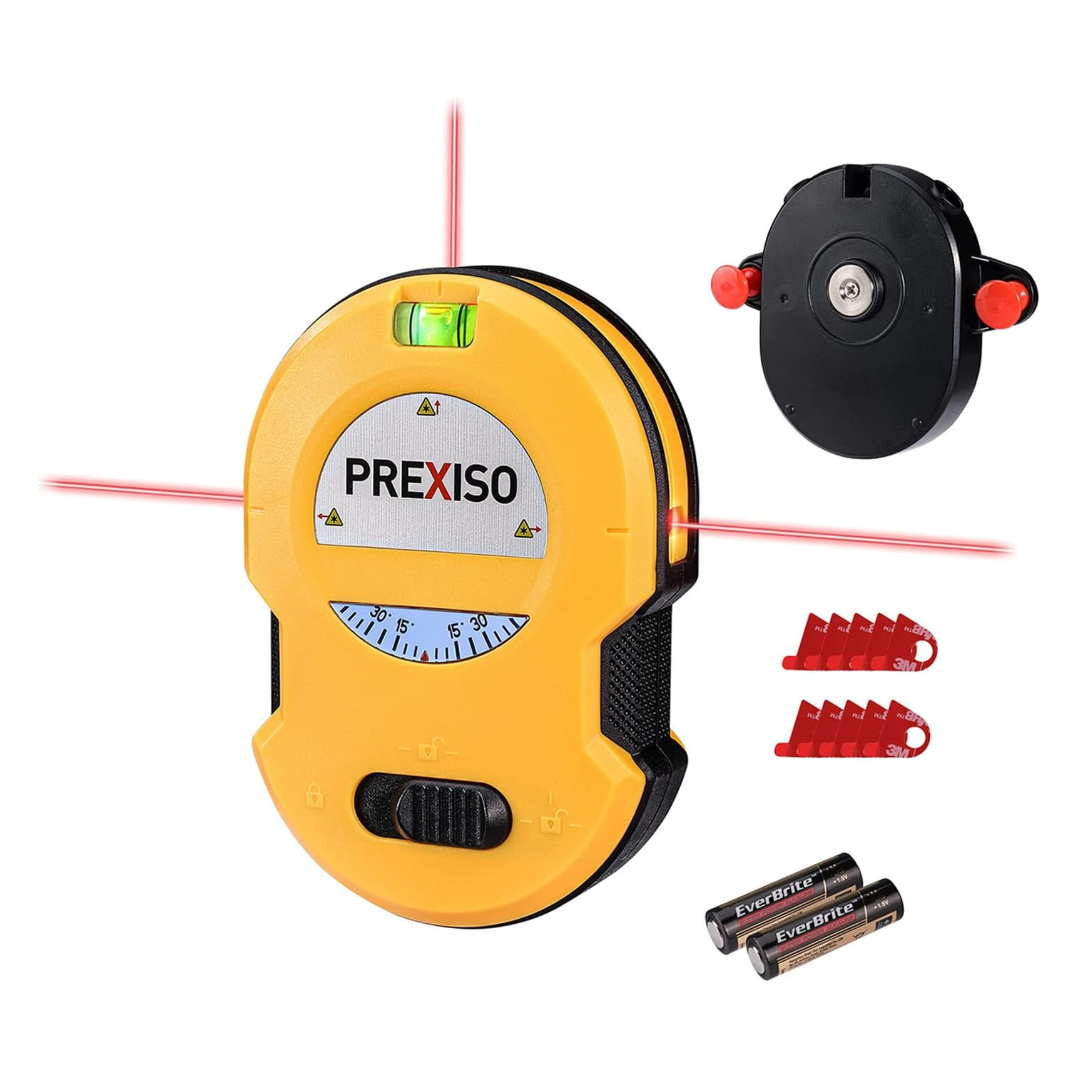 a yellow level with three laser lines, two batteries, and a wall mounting device 