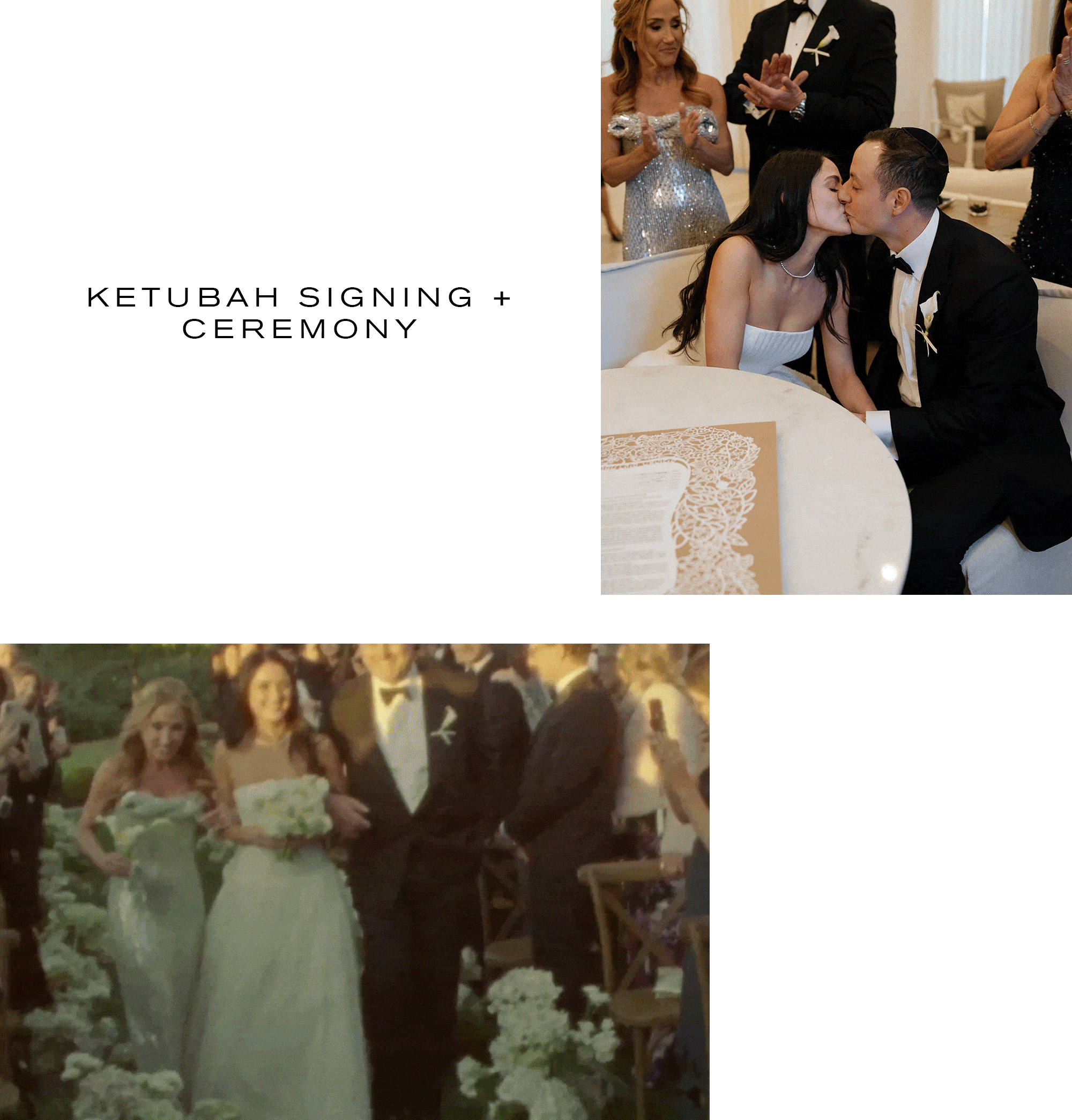 image of adam and jordan at their wedding ceremony and a video of jordan with her parents.