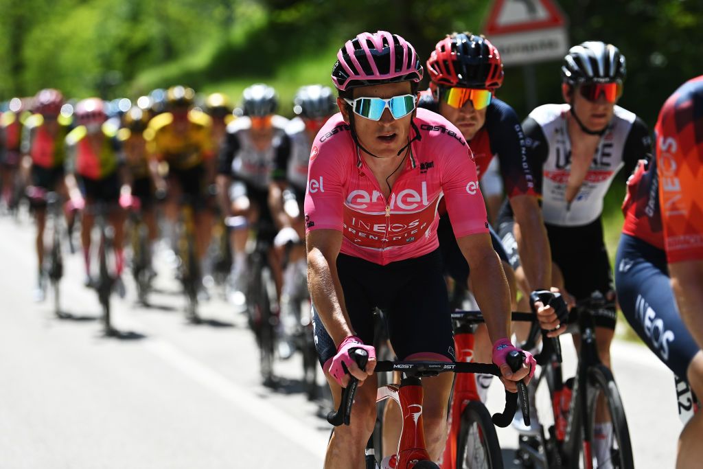 VAL DI ZOLDO PALAFAVERA ITALY MAY 25 Geraint Thomas of The United Kingdom and Team INEOS Grenadiers Pink Leader Jersey competes during the 106th Giro dItalia 2023 Stage 18 a 161km stage from Oderzo to Val di Zoldo Palafavera 1514m UCIWT on May 25 2023 in Val di Zoldo Palafavera Italy Photo by Tim de WaeleGetty Images