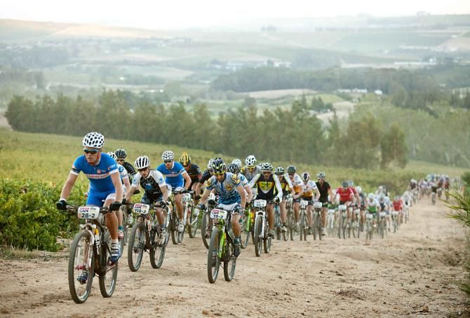Riders head up a small climb during stage 5