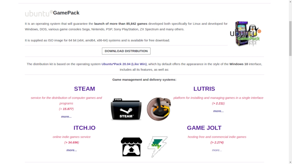 screenshot of Ubuntu GamePack homepage