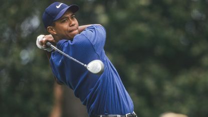 Tiger Woods plays a shot in the second round of the The Masters in 1997