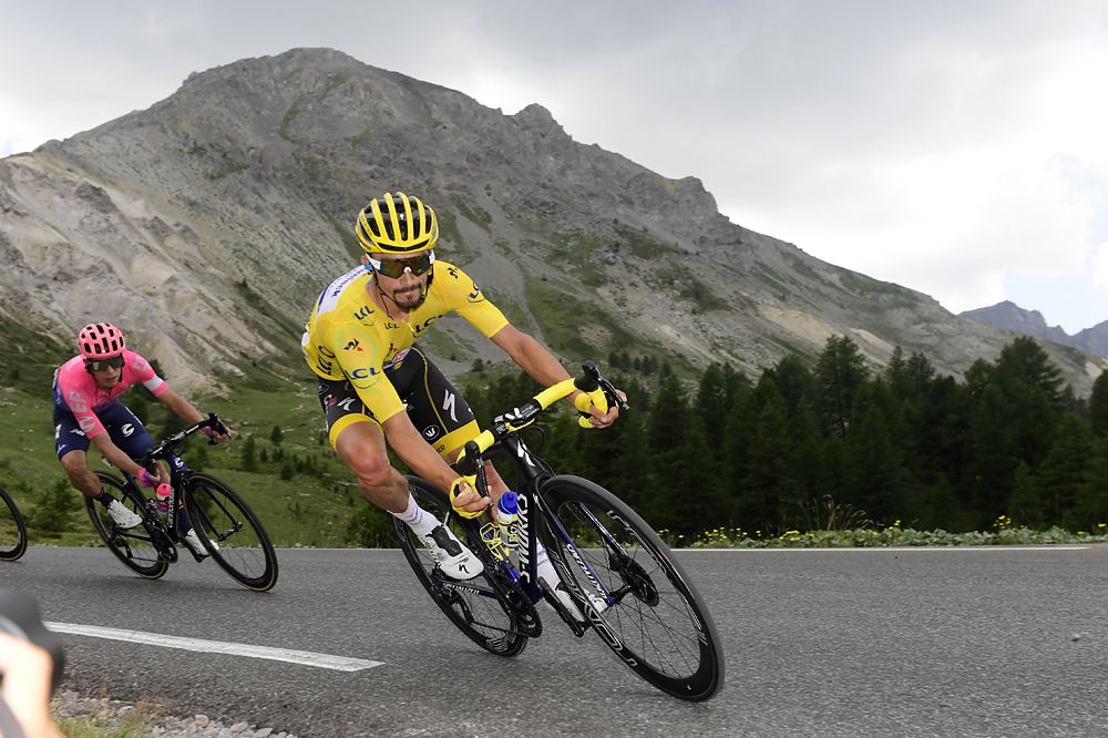 Julian Alaphilippe (Deceuninck-QuickStep) descending off the Col du Galibier
