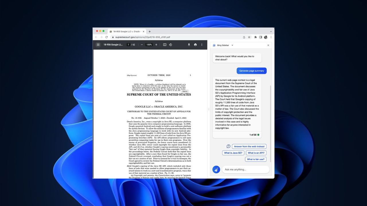 Bing Chat Sidebar in Google Chrome