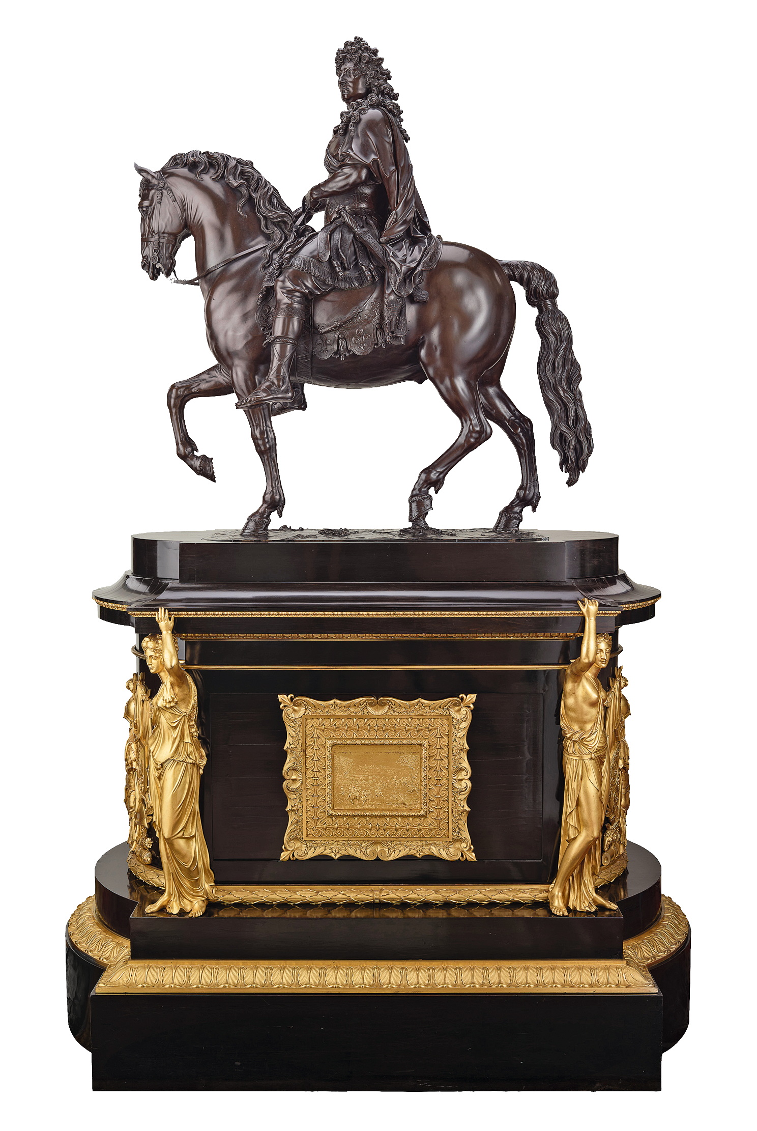 An equestrian statue of Louis XIV cast in bronze