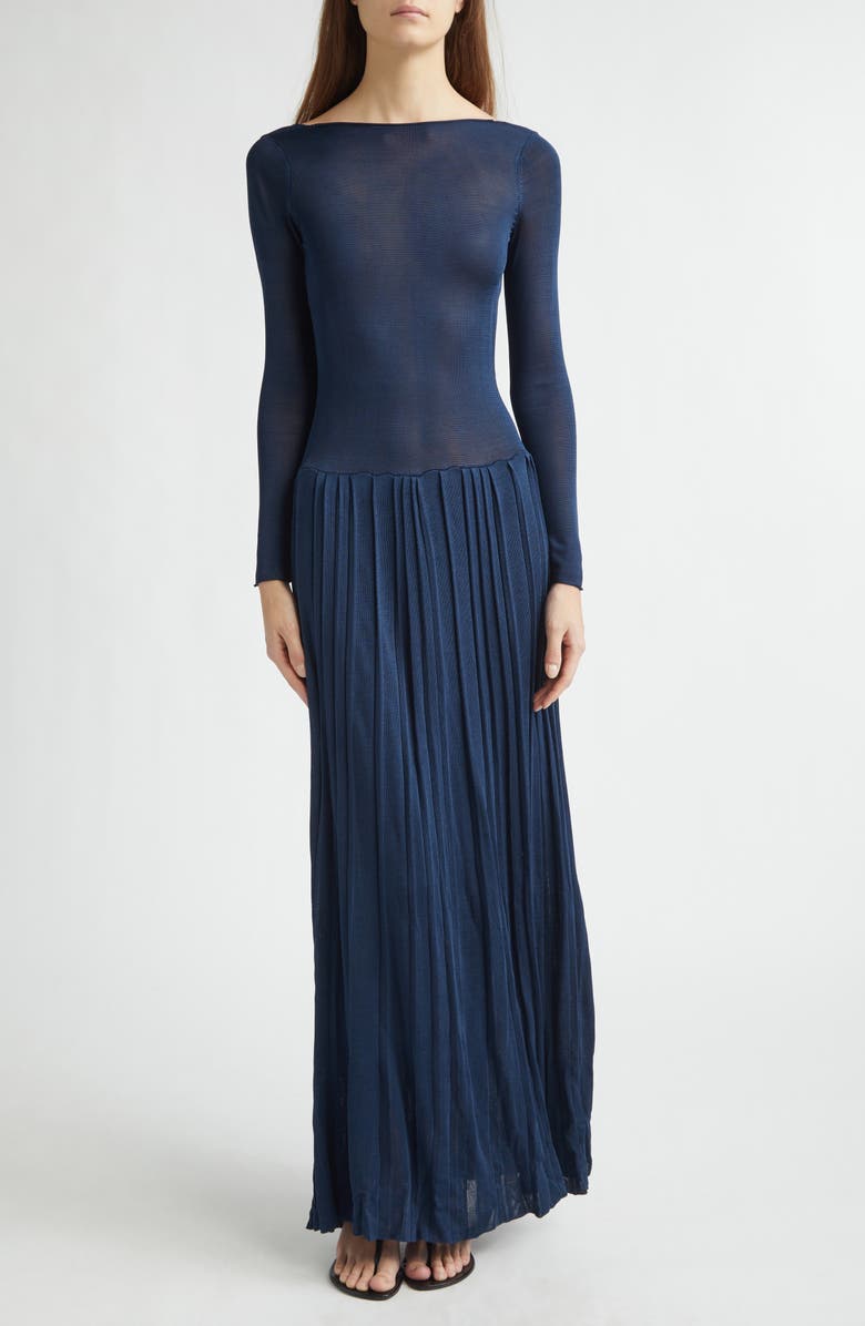 Kingsley Pleated Long Sleeve Drop Waist Column Dress