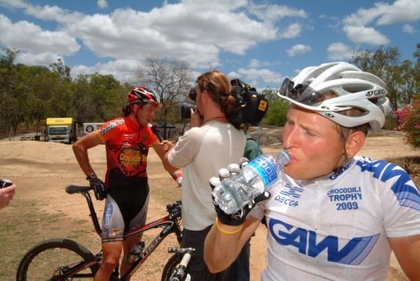 Stage winner Bart Brentjens is interviewed post race as Urs Huber (Team St&ouml;ckli-Craft) cools off