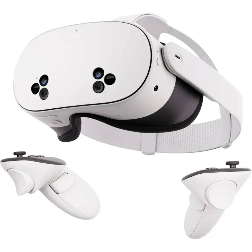 Meta Quest 3S headset and controllers against a white background.