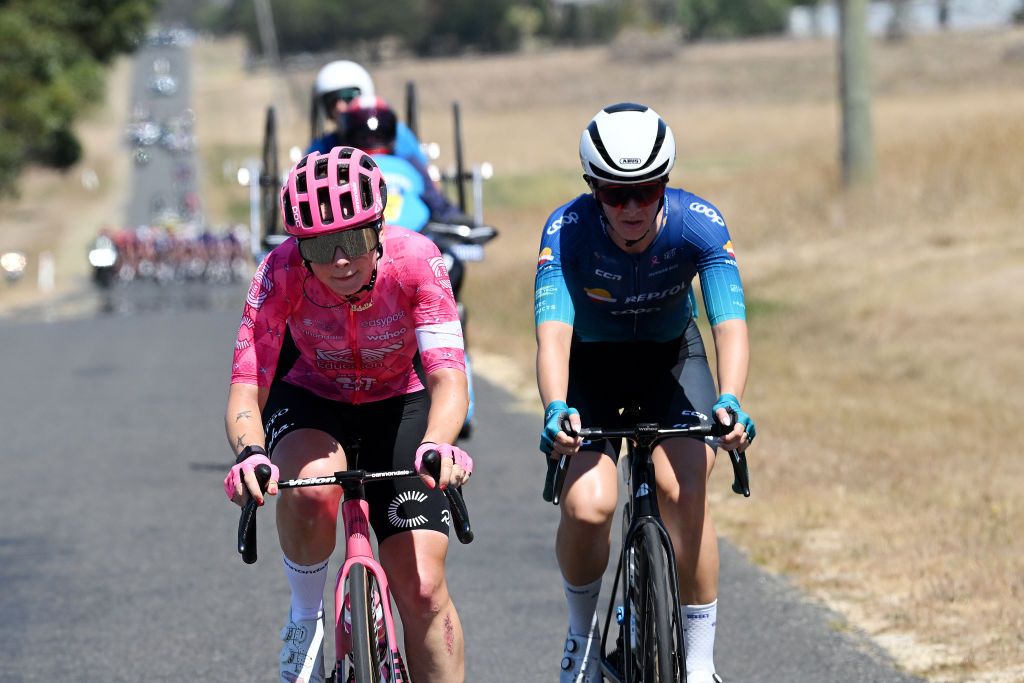 GEELONG AUSTRALIA FEBRUARY 01 LR Babette Van Der Wolf of The Netherlands and Team EF EducationOatly and Stine Dale of Norway and Team Coop Repsol compete in the breakaway while a fan cheers during the 9th Cadel Evans Great Ocean Road Race 2025 Womens Elite a 1418km one day race from Geelong to Geelong UCIWWT on February 01 2025 in Geelong Australia Photo by Dario BelingheriGetty Images