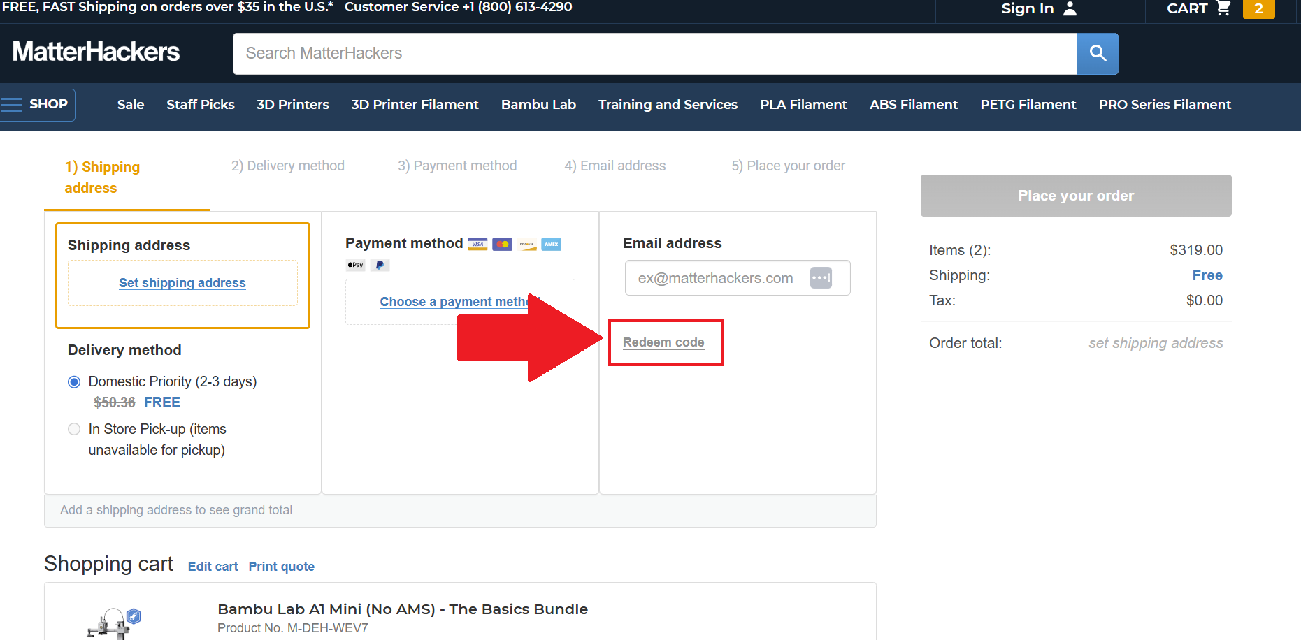 A screenshot of the MatterHackers checkout page showing where to enter a MatterHackers promo code
