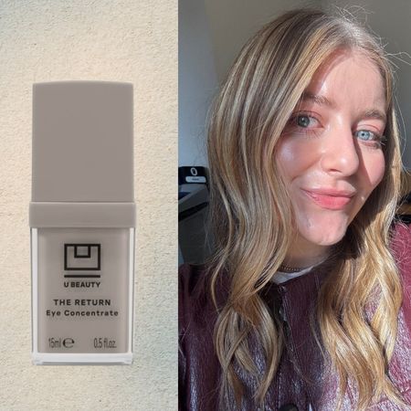samantha holender taking a selfie on a gray background next to two u beauty products