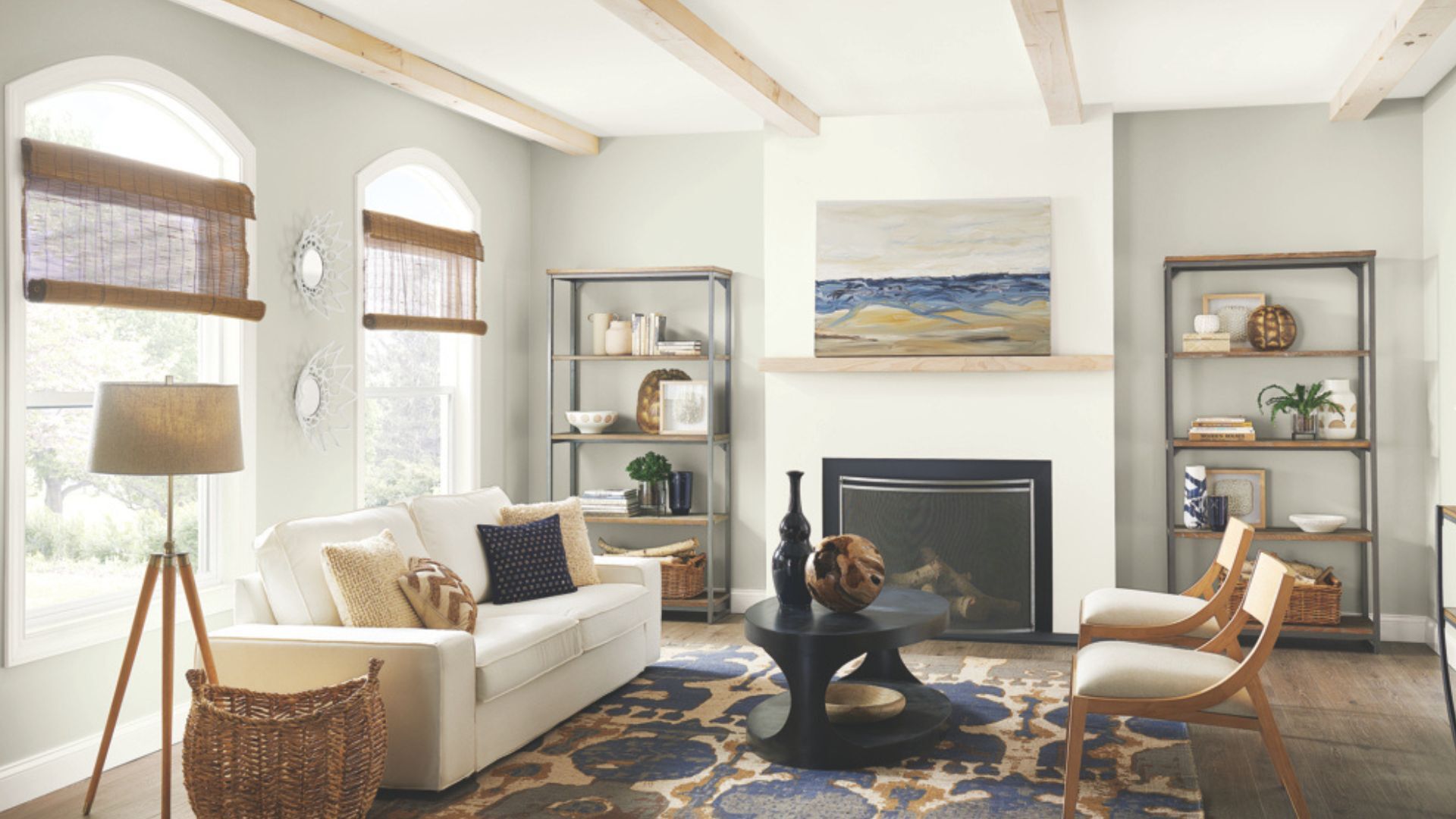 A modern sitting room with walls painted in Repose Gray by Sherwin Williams