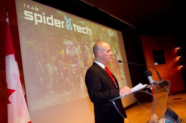 Canadian cycling legend Steve Bauer talks to those assembled for the team launch.
