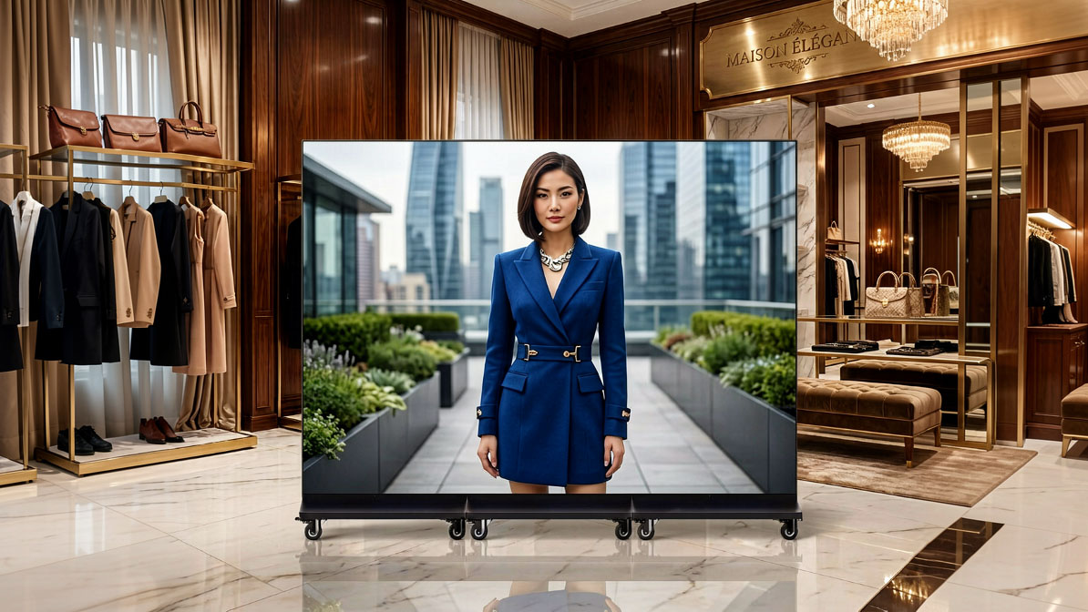 The new NanoBanner digital signage solution showing a woman in a blue dress in a retail store. 