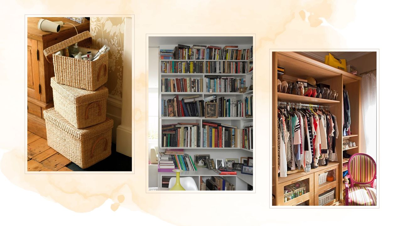 composite of three examples on cluttered spaces in the home with storage solutions
