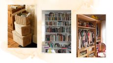composite of three examples on cluttered spaces in the home with storage solutions
