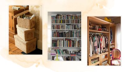 composite of three examples on cluttered spaces in the home with storage solutions