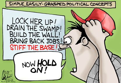 Political cartoon U.S. MAGA drain swamp build wall stiff base concepts