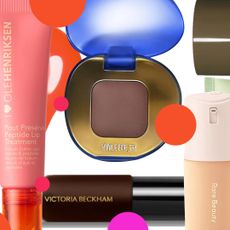 collage of olehenriksen pour preserve peptide lip treatment, violette_fr plume eyeshadow, rare beauty matte foundation, victoria beckham beauty colour wash, and future society cloud reverie perfume on white background with pink and orange polka dots 