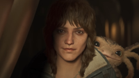 The protagonist from Star Wars Outlaws, a scruffy scoundrel, looks determined with her cute axolotl-like alien pet on her shoulder.