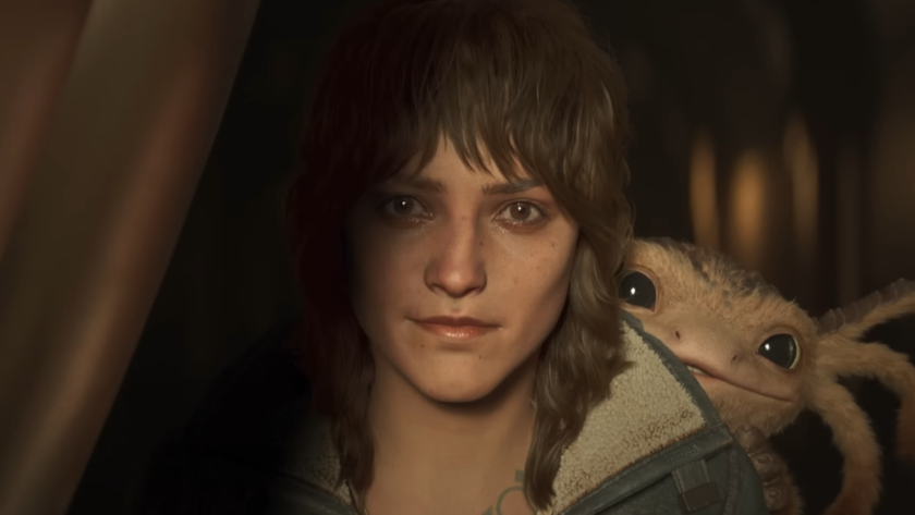 The protagonist from Star Wars Outlaws, a scruffy scoundrel, looks determined with her cute axolotl-like alien pet on her shoulder.