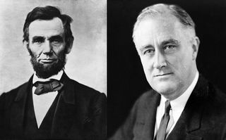 Side-by-side black and white portraits of presidents Abraham Lincoln and Franklin D. Roosevelt