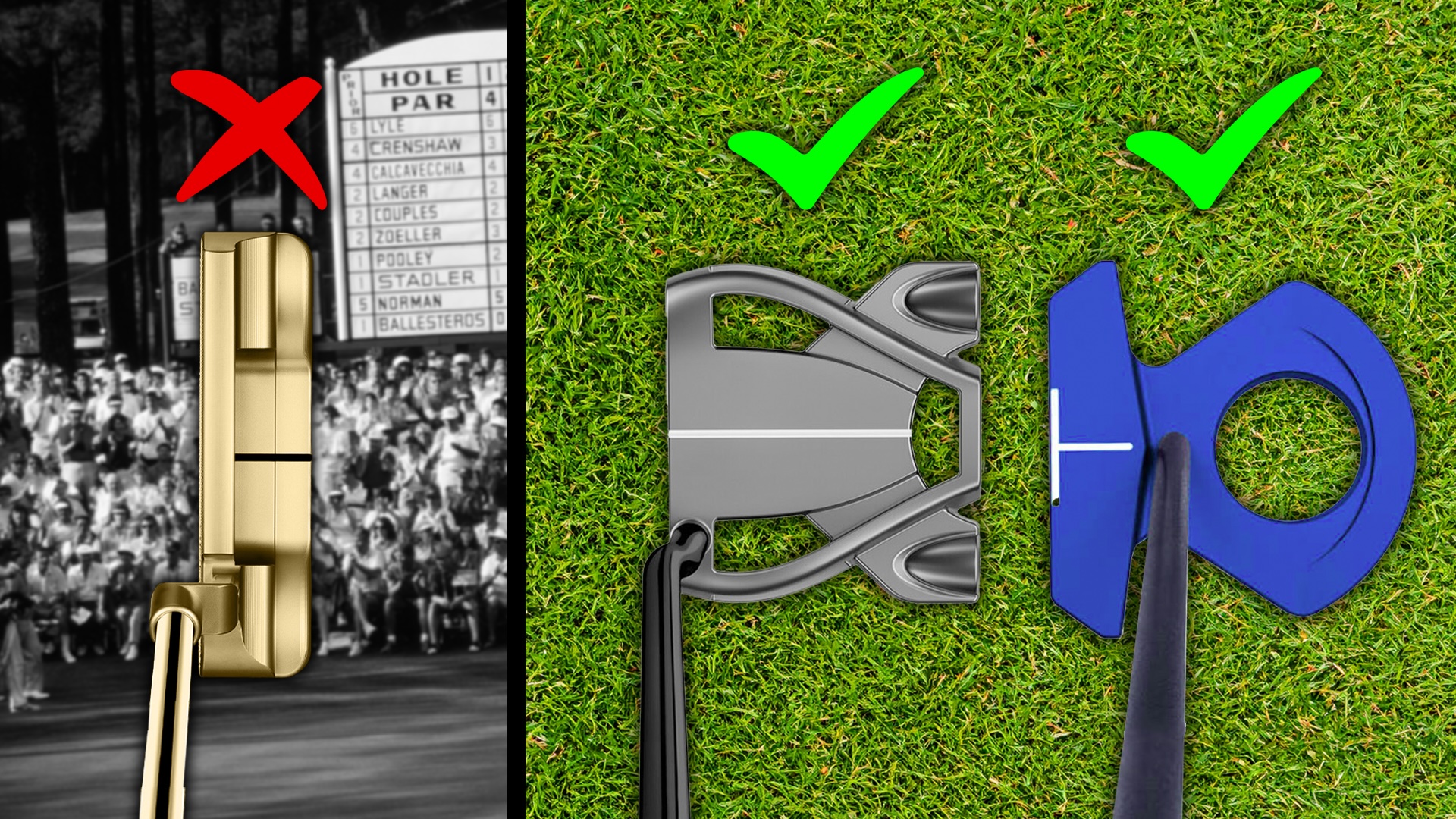 Photo of a blade putter and two modern mallet style putters