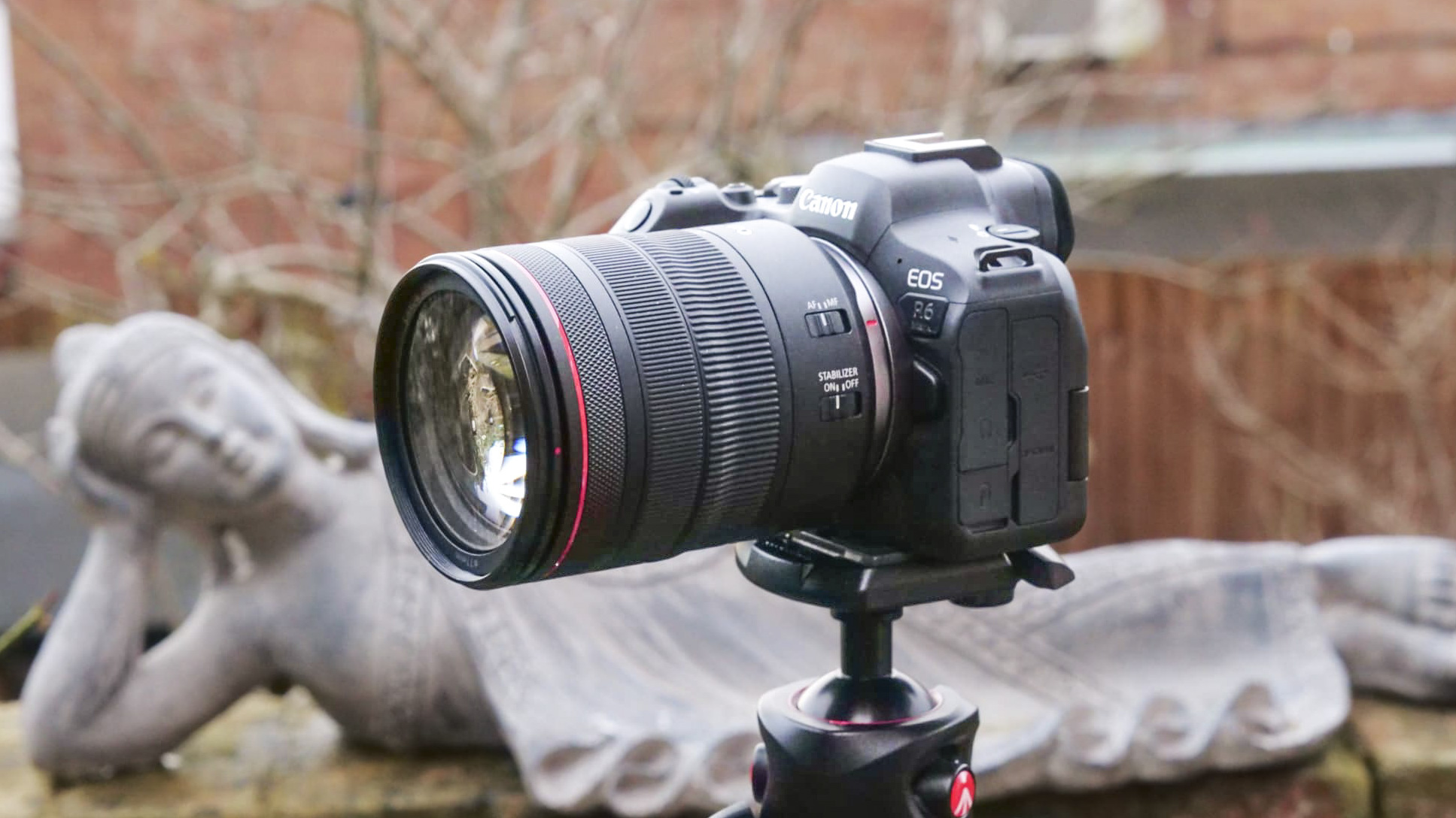 Canon EOS R6 II outside on a tripod with 24-105mm lens attached