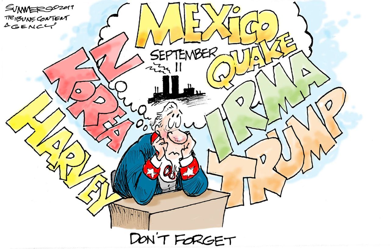 Political cartoon U.S. Trump hurricanes 9/11 Mexico quake North Korea