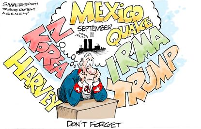 Political cartoon U.S. Trump hurricanes 9/11 Mexico quake North Korea