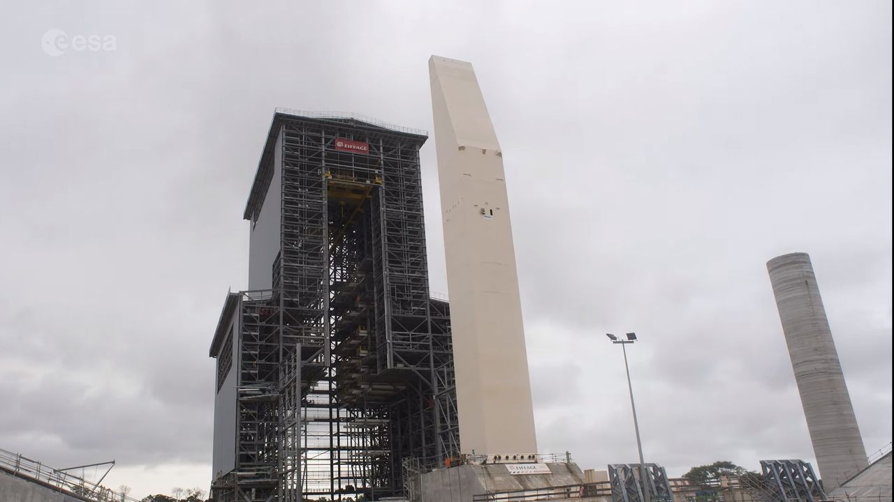 The mobile gantry for the European Space Agency's Ariane 6 rocket is seen during a test run at its launchpad at the European Spaceport in Kourou, French Guiana in July 2019.