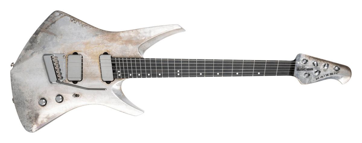 The Ernie Ball Music Man Kaizen Gallium has a custom aged metallic finish, making Tosin Abasi's signature electric guitar look like an alien artefact