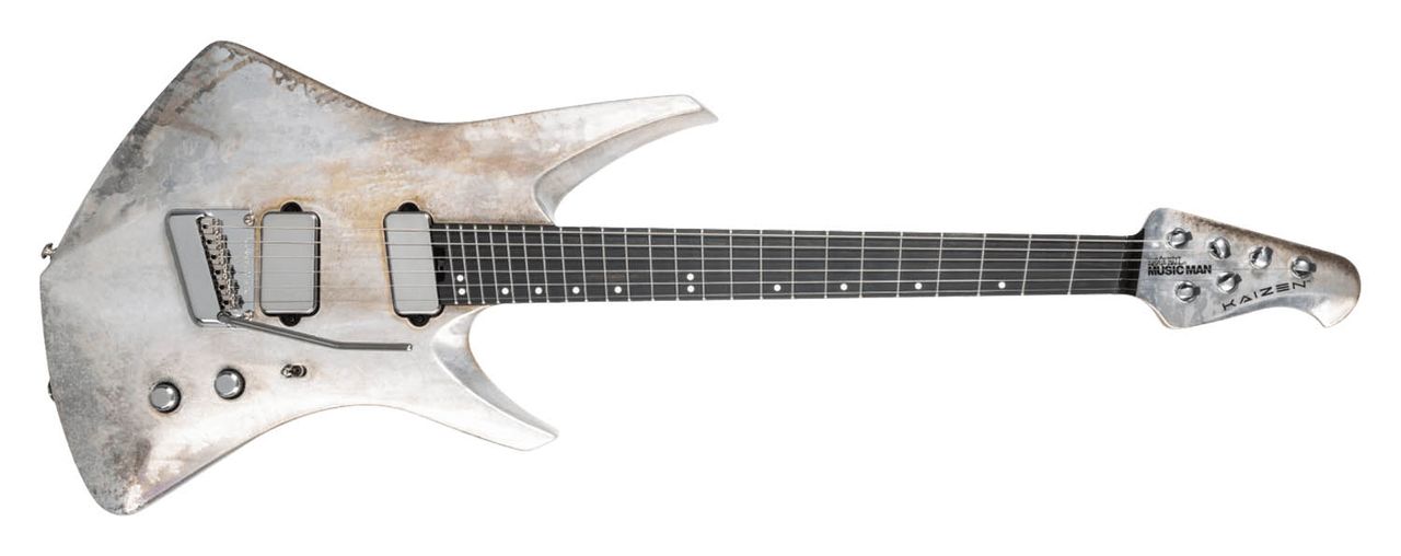 The Ernie Ball Music Man Kaizen Gallium has a custom aged metallic finish, making Tosin Abasi's signature electric guitar look like an alien artefact