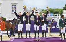 Olympics Show jumping 06 08 2012 NICK SKELTON BEN MAHER SCOTT BRASH PETER CHARLES PODIUM CELEBRATE GOLD NATIONAL ANTHEM