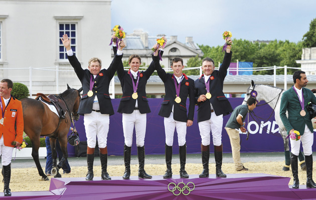 Olympics Show jumping 06 08 2012 NICK SKELTON BEN MAHER SCOTT BRASH PETER CHARLES PODIUM CELEBRATE GOLD NATIONAL ANTHEM