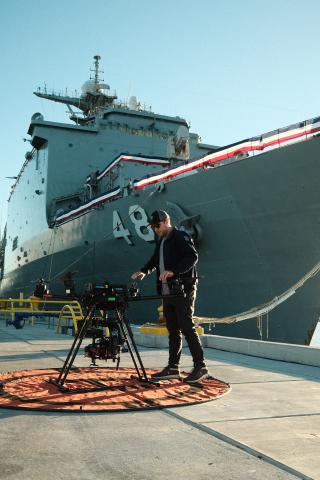 A crew member from Beverly Hills Aerials prepares a “Heavy Lift” drone outfitted with a Sony HDC-P50 for the “Fox NFL Sunday” Veterans Day Special last month.