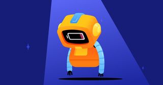 A sad robot in Discord's logo illustration style, whose face is displaying a 'low battery' symbol.