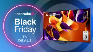 LG G4 OLED TV on blue gradient background with "Black Friday TV deals" text in white