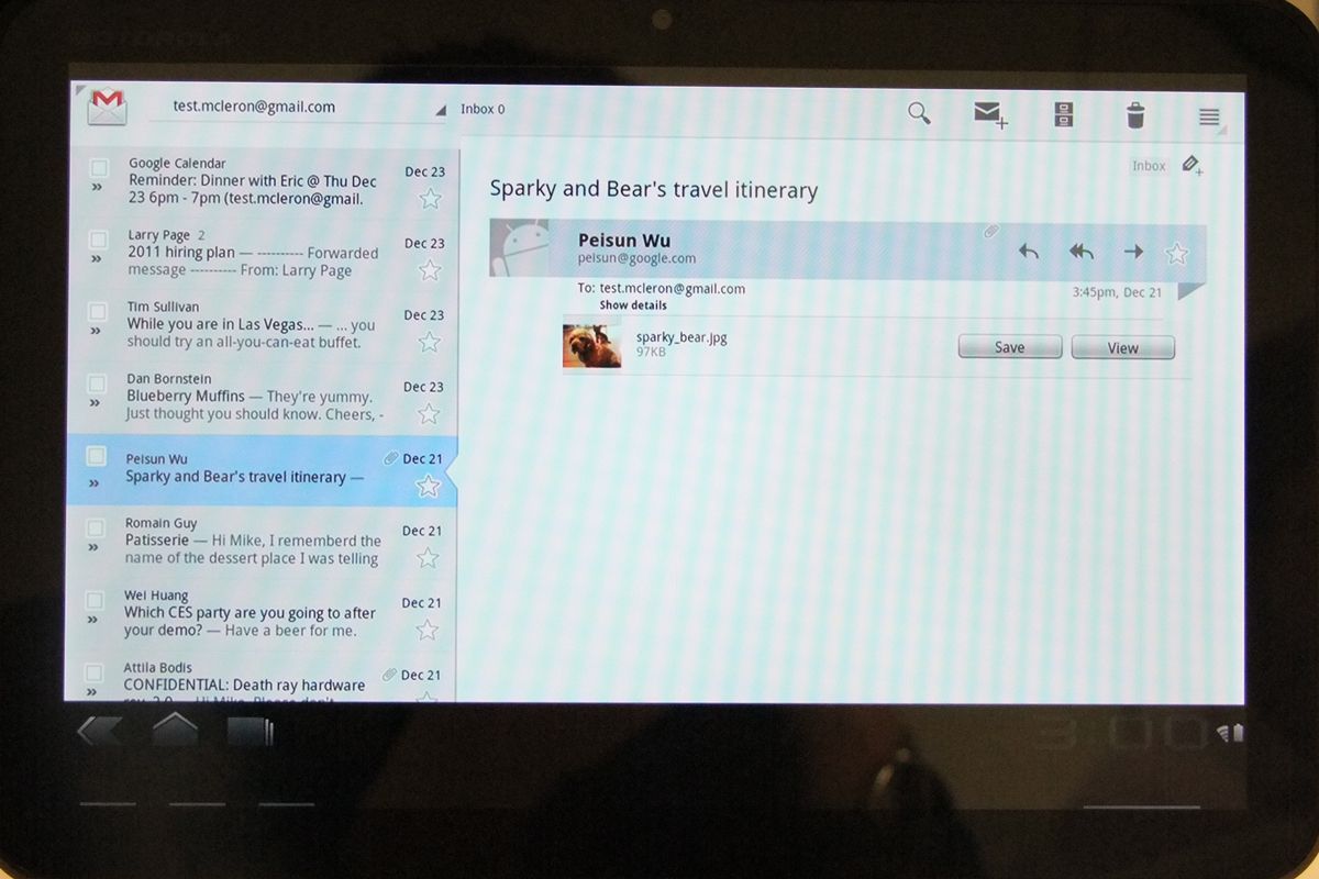 GMail in in Android 3.0 Honeycomb on the Motorola Xoom