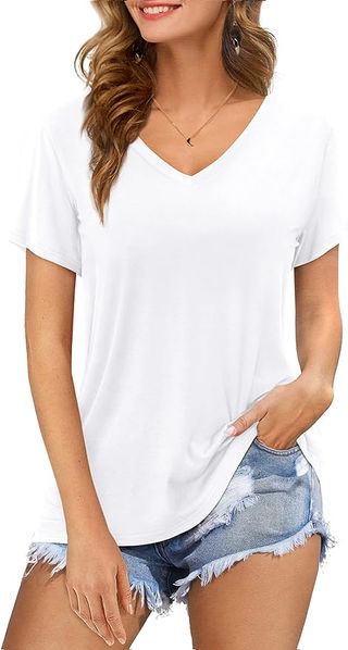 Amoretu Women Summer T Shirts V Neck Short Sleeve Tops Tee White L