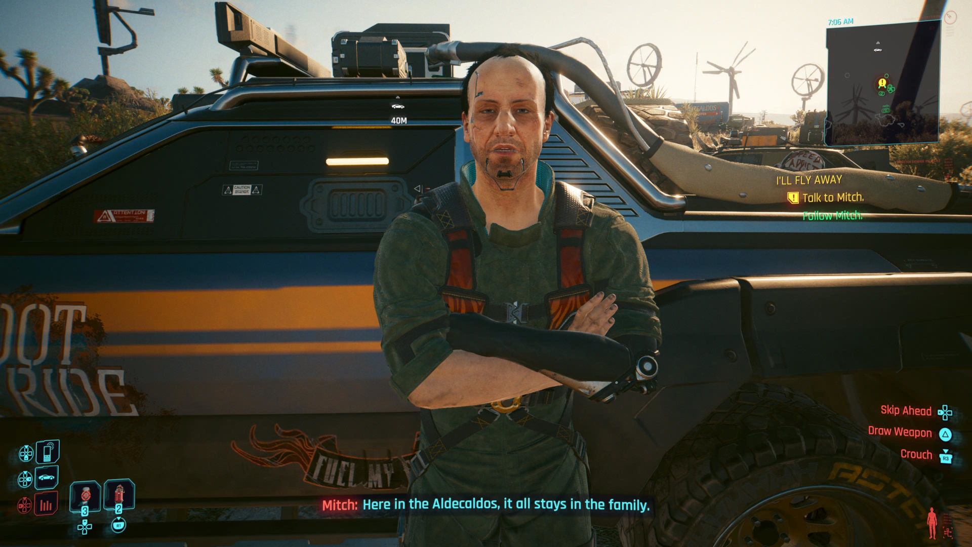 Mitch, a member of the Aldecaldos, speaks to V in Cyberpunk 2077, saying, "Here in the Aldecaldos, it all stays in the family."