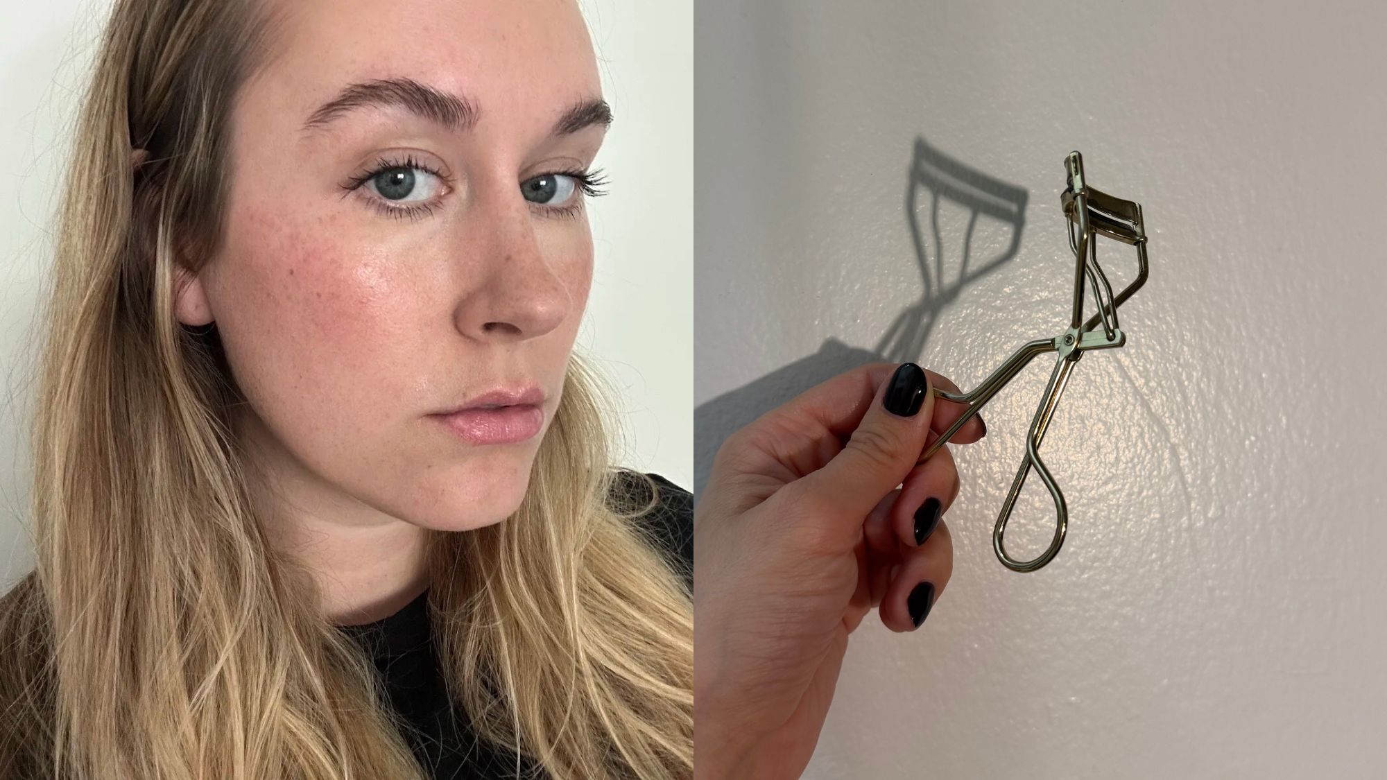 A selfie of Who What Wear beauty editor Kaitlyn McLintock with long, curled lashes and associate beauty editor Alyssa Brascia&rsquo;s eyelash curler.