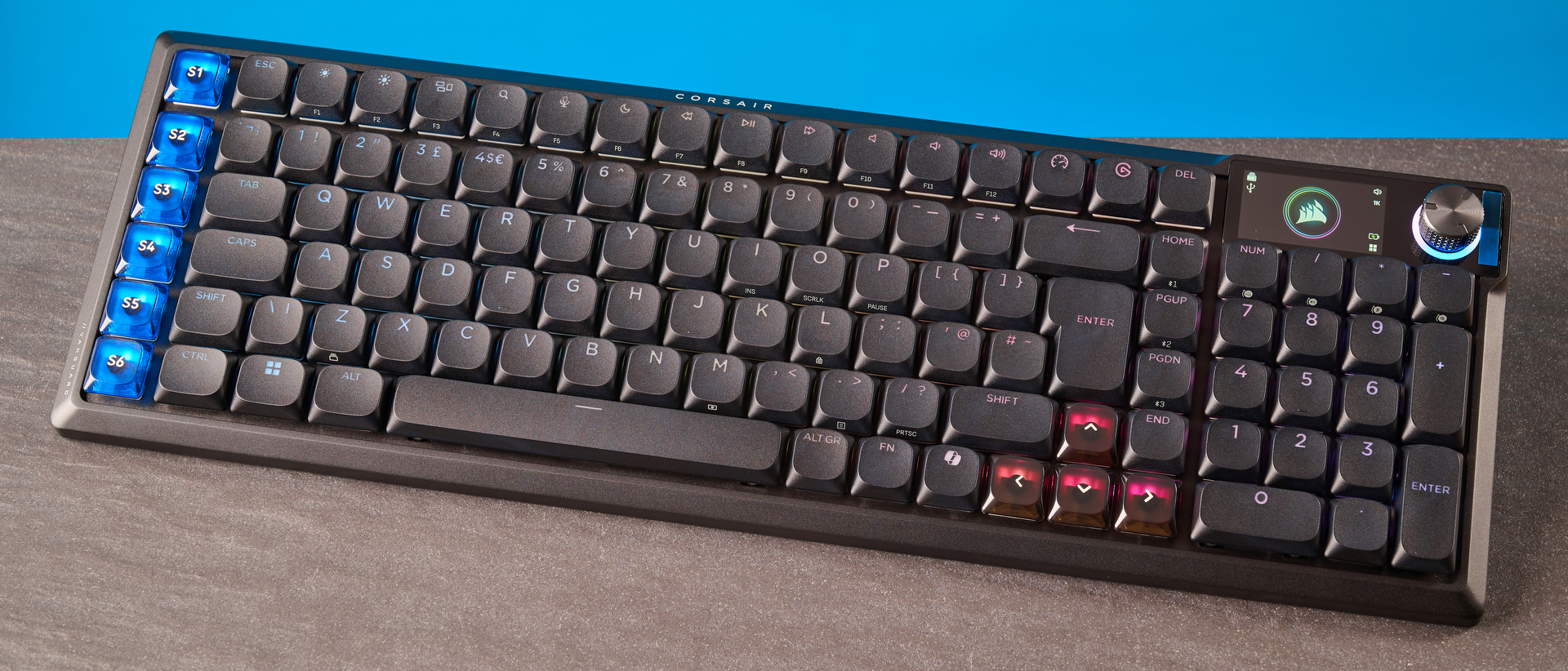 A black Corsair Vanguard Air 99 Wireless low-profile mechanical keyboard
