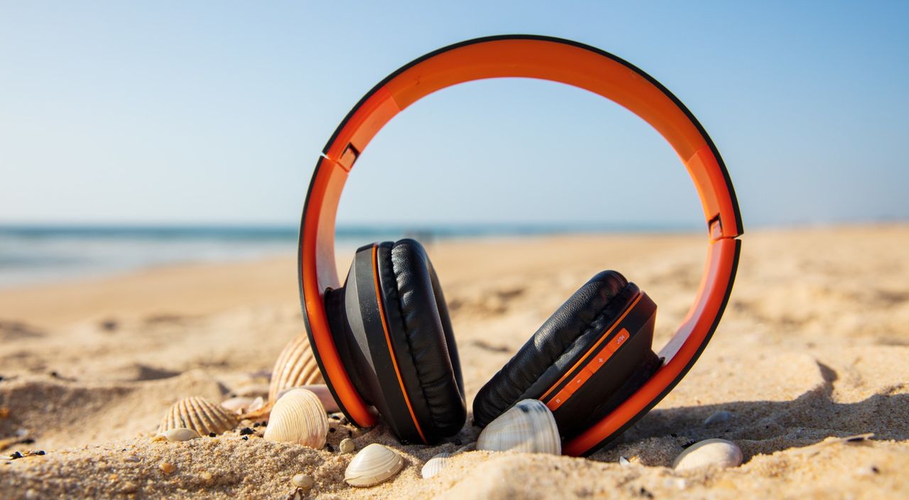 Orange headphones on beach 