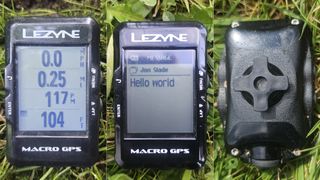 Screenshots details of ride data pages, and mounting point on rear on the Lezyne Macro